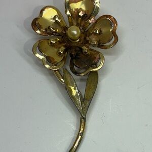 Gold Floral Brooch with Pearl Accent